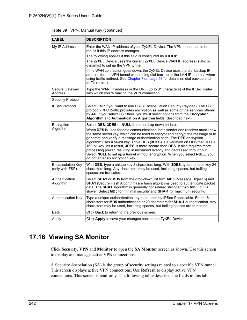 16 viewing sa monitor, Section | ZyXEL Communications P-2602HW(L) Series User Manual | Page 242 / 427