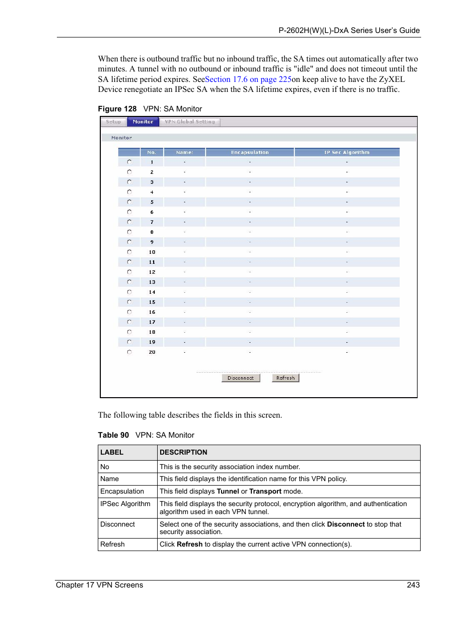 Figure 128 vpn: sa monitor, Table 90 vpn: sa monitor | ZyXEL Communications P-2602HW(L) Series User Manual | Page 243 / 427