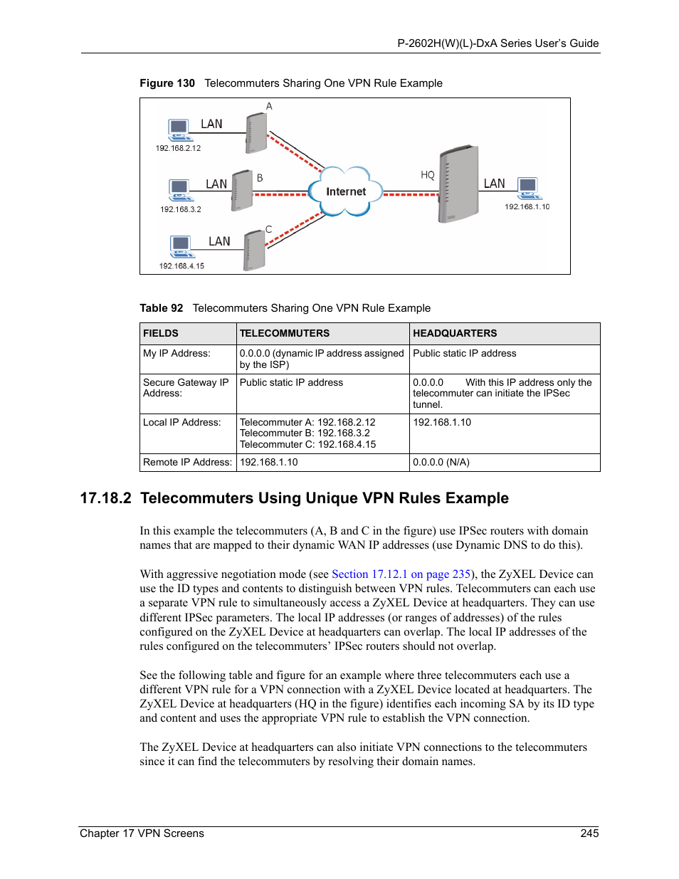 2 telecommuters using unique vpn rules example | ZyXEL Communications P-2602HW(L) Series User Manual | Page 245 / 427