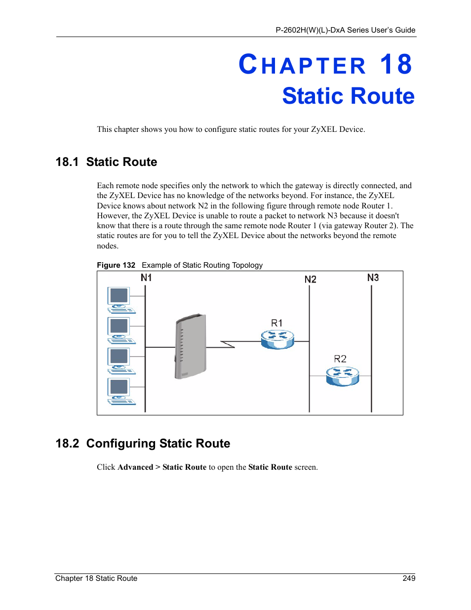 Static route, Chapter 18 static route, 1 static route 18.2 configuring static route | Figure 132 example of static routing topology | ZyXEL Communications P-2602HW(L) Series User Manual | Page 249 / 427