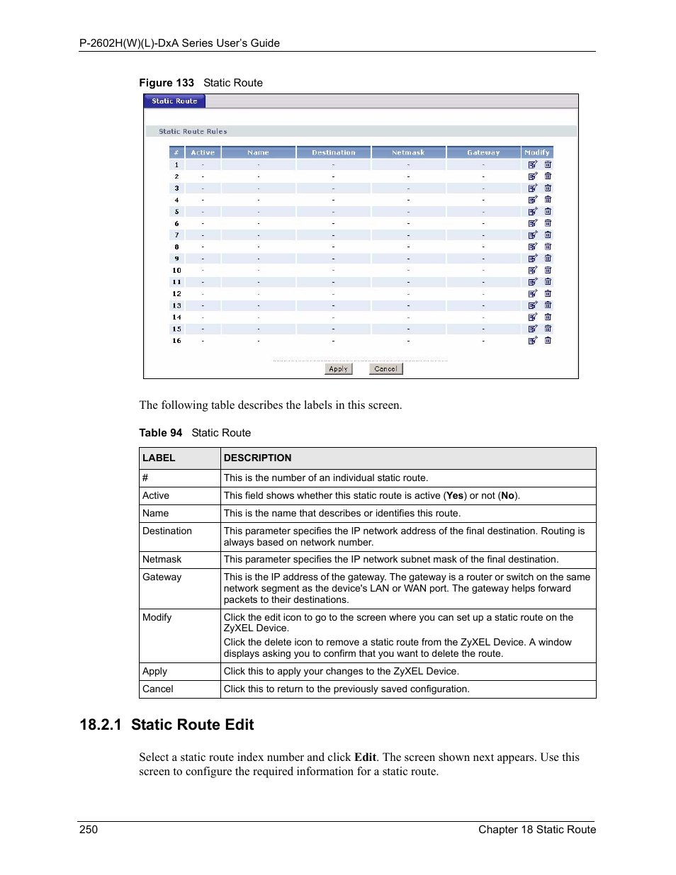 1 static route edit, Figure 133 static route, Table 94 static route | ZyXEL Communications P-2602HW(L) Series User Manual | Page 250 / 427