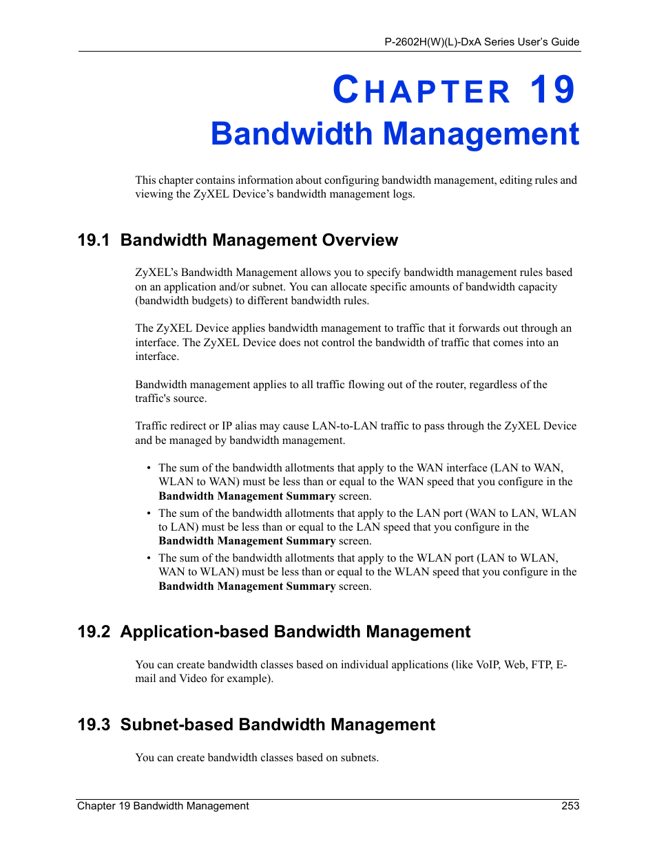 Bandwidth management, 2 application-based bandwidth management, 3 subnet-based bandwidth management | Chapter 19 bandwidth management | ZyXEL Communications P-2602HW(L) Series User Manual | Page 253 / 427