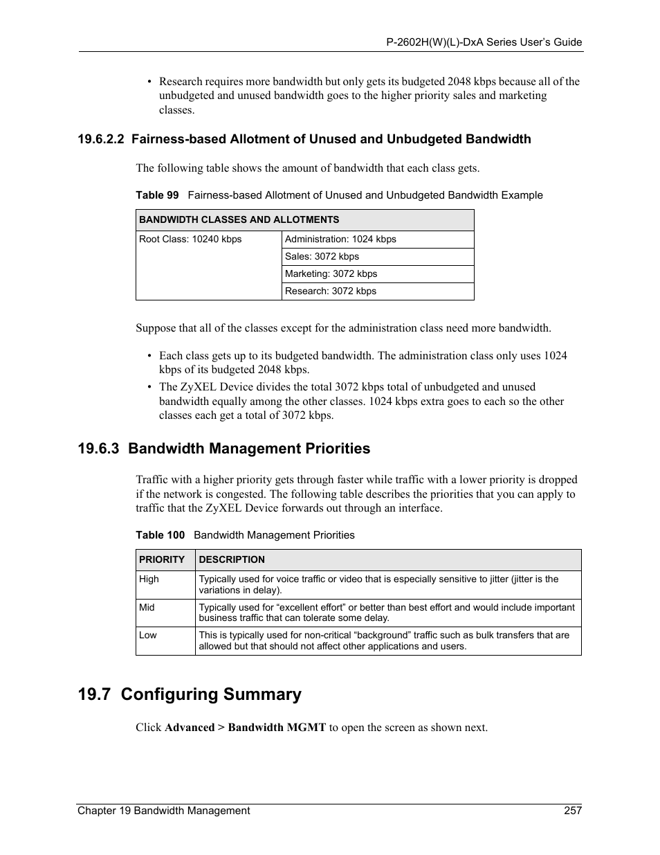 3 bandwidth management priorities, 7 configuring summary | ZyXEL Communications P-2602HW(L) Series User Manual | Page 257 / 427