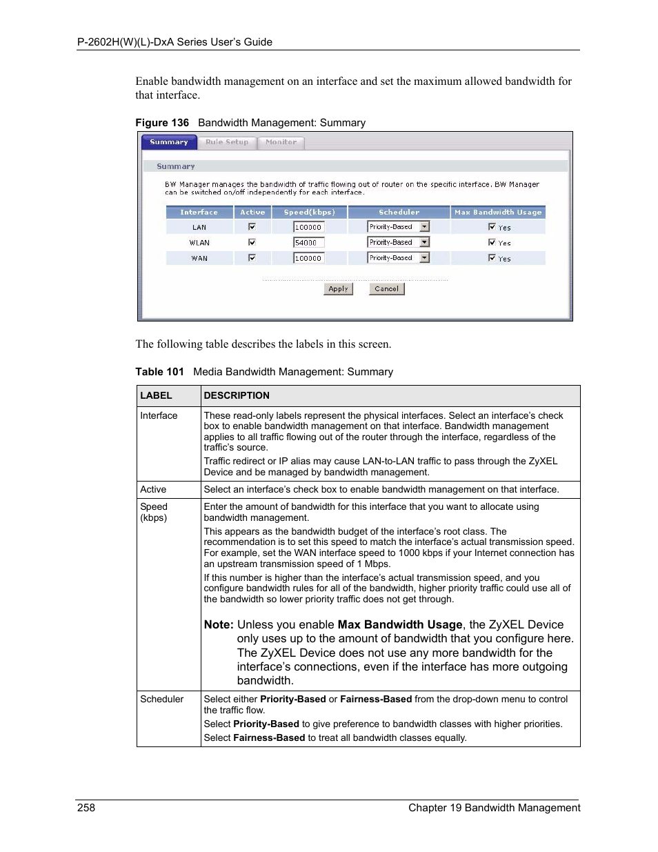 Figure 136 bandwidth management: summary, Table 101 media bandwidth management: summary | ZyXEL Communications P-2602HW(L) Series User Manual | Page 258 / 427