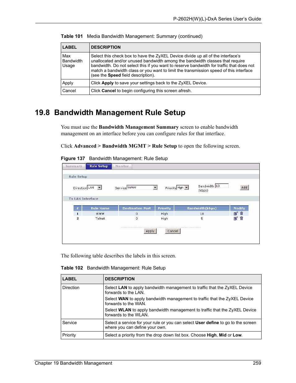 8 bandwidth management rule setup, Figure 137 bandwidth management: rule setup, Table 102 bandwidth management: rule setup | ZyXEL Communications P-2602HW(L) Series User Manual | Page 259 / 427