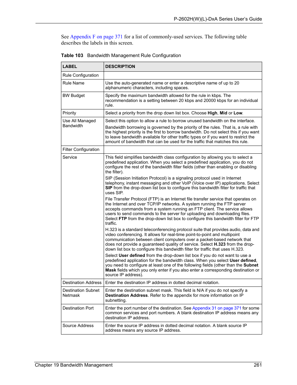 Table 103 bandwidth management rule configuration | ZyXEL Communications P-2602HW(L) Series User Manual | Page 261 / 427