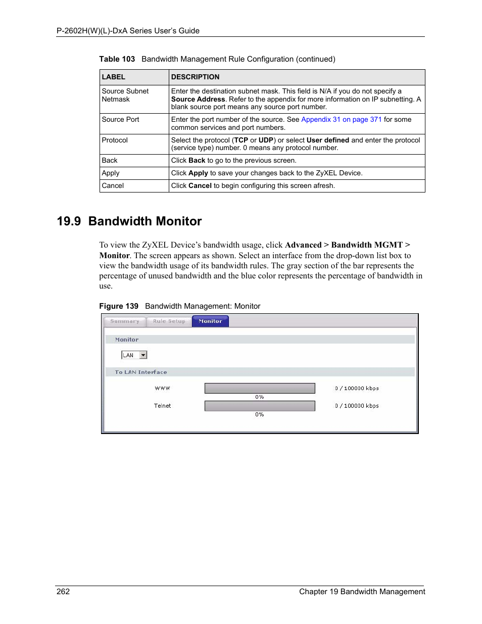 9 bandwidth monitor, Figure 139 bandwidth management: monitor | ZyXEL Communications P-2602HW(L) Series User Manual | Page 262 / 427