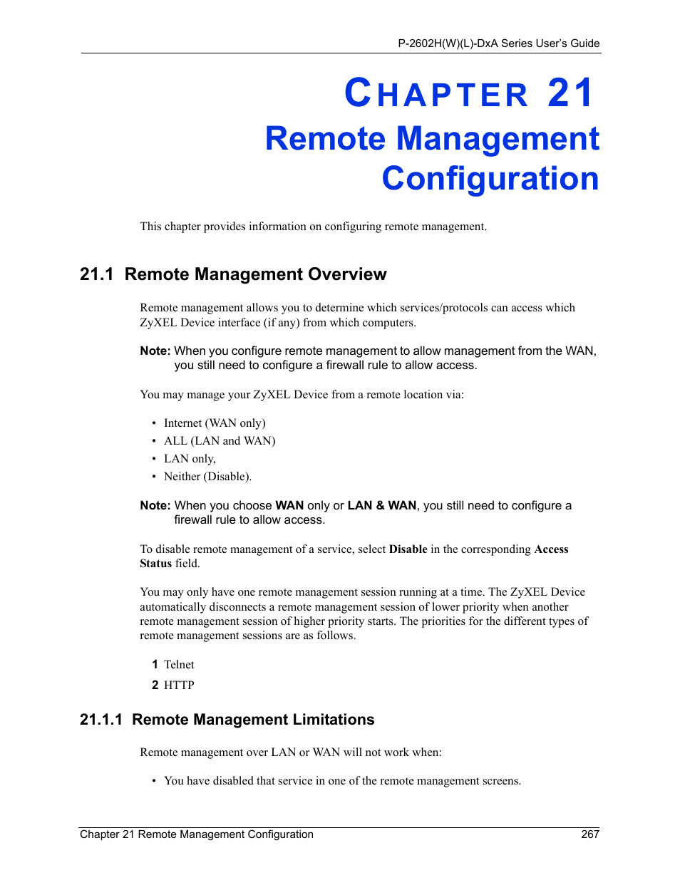 Remote management configuration, 1 remote management limitations, Chapter 21 remote management configuration | 1 remote management overview | ZyXEL Communications P-2602HW(L) Series User Manual | Page 267 / 427