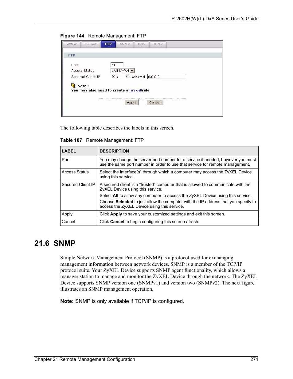 6 snmp, Figure 144 remote management: ftp, Table 107 remote management: ftp | ZyXEL Communications P-2602HW(L) Series User Manual | Page 271 / 427