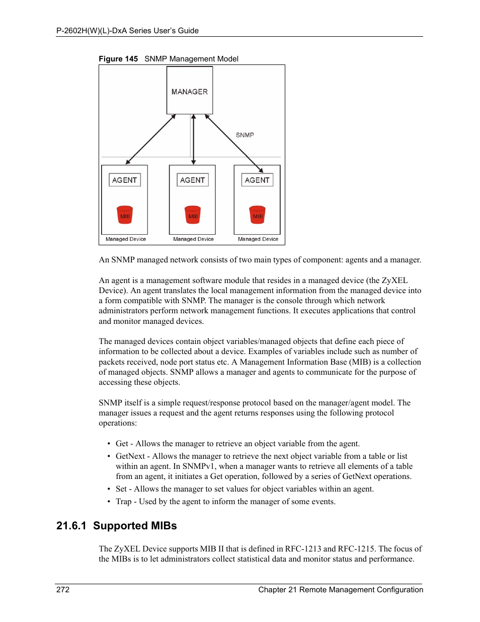 1 supported mibs, Figure 145 snmp management model | ZyXEL Communications P-2602HW(L) Series User Manual | Page 272 / 427