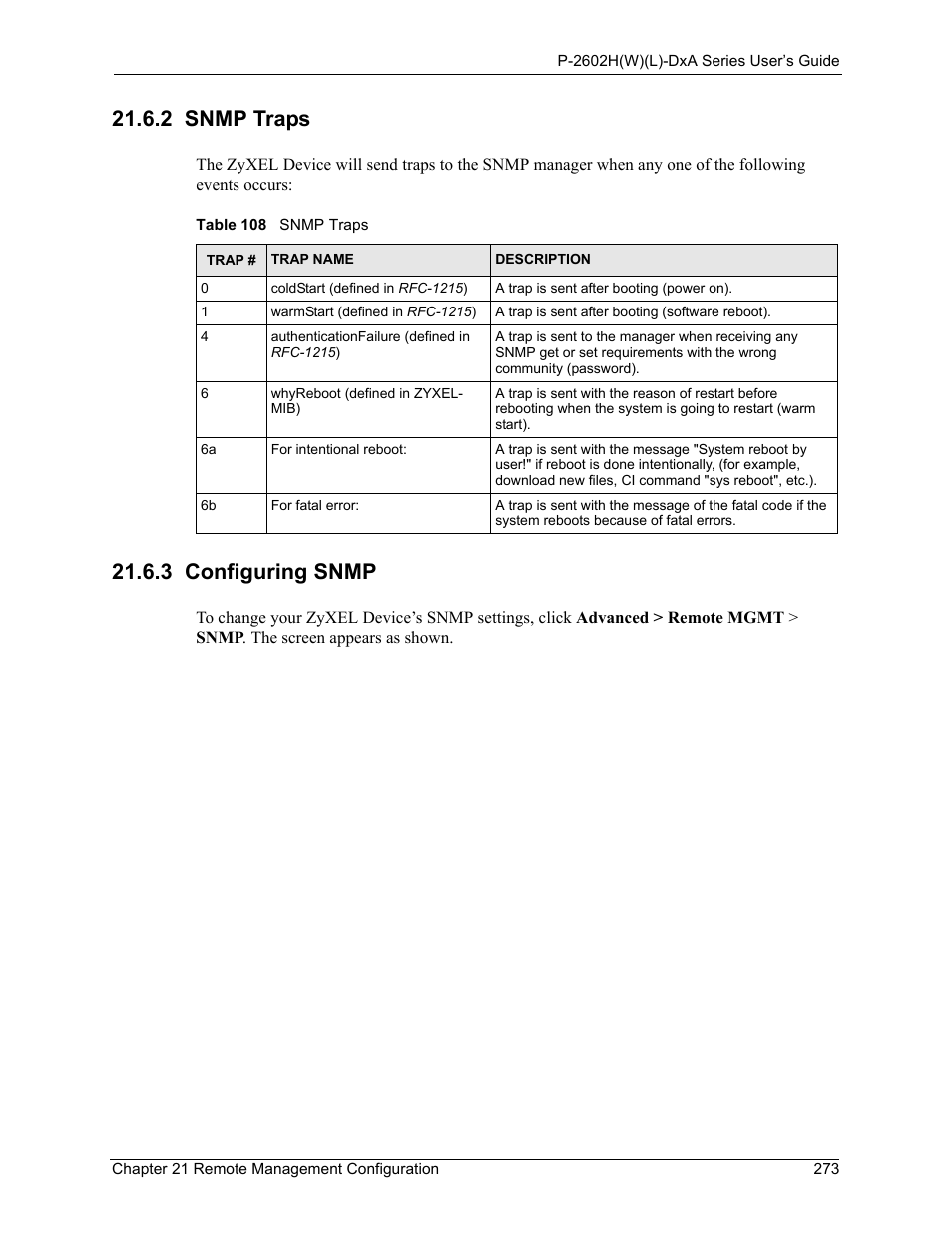 2 snmp traps, 2 snmp traps 21.6.3 configuring snmp, Table 108 snmp traps | 3 configuring snmp | ZyXEL Communications P-2602HW(L) Series User Manual | Page 273 / 427