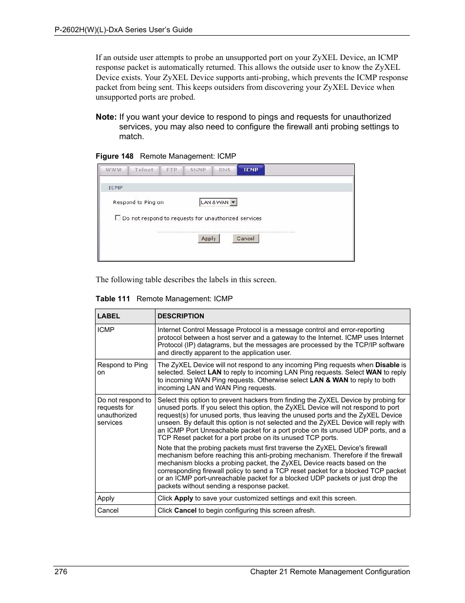 Figure 148 remote management: icmp, Table 111 remote management: icmp | ZyXEL Communications P-2602HW(L) Series User Manual | Page 276 / 427
