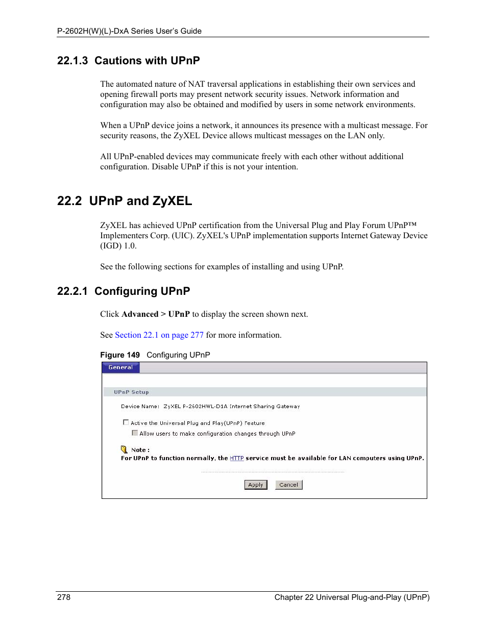 3 cautions with upnp, 2 upnp and zyxel, 1 configuring upnp | Figure 149 configuring upnp | ZyXEL Communications P-2602HW(L) Series User Manual | Page 278 / 427