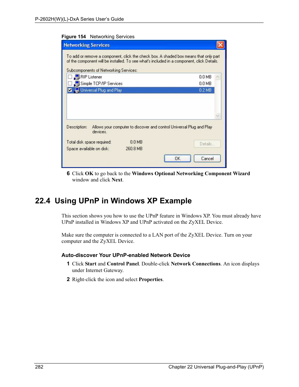 4 using upnp in windows xp example, Figure 154 networking services | ZyXEL Communications P-2602HW(L) Series User Manual | Page 282 / 427