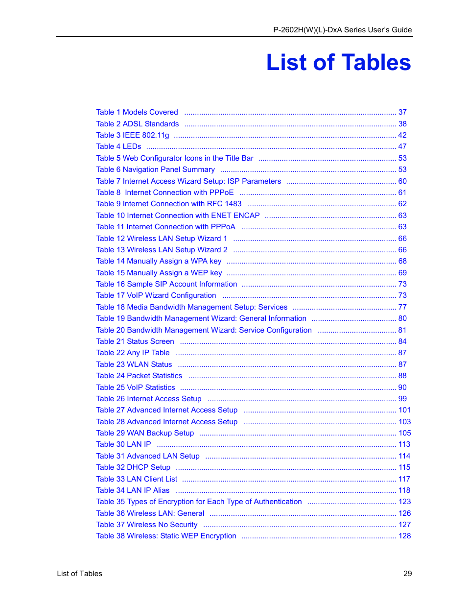 List of tables | ZyXEL Communications P-2602HW(L) Series User Manual | Page 29 / 427