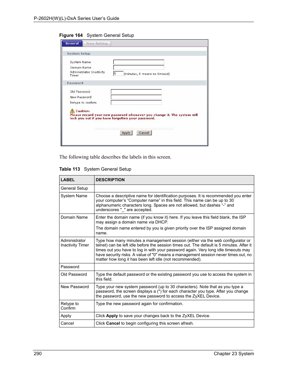 Figure 164 system general setup, Table 113 system general setup | ZyXEL Communications P-2602HW(L) Series User Manual | Page 290 / 427