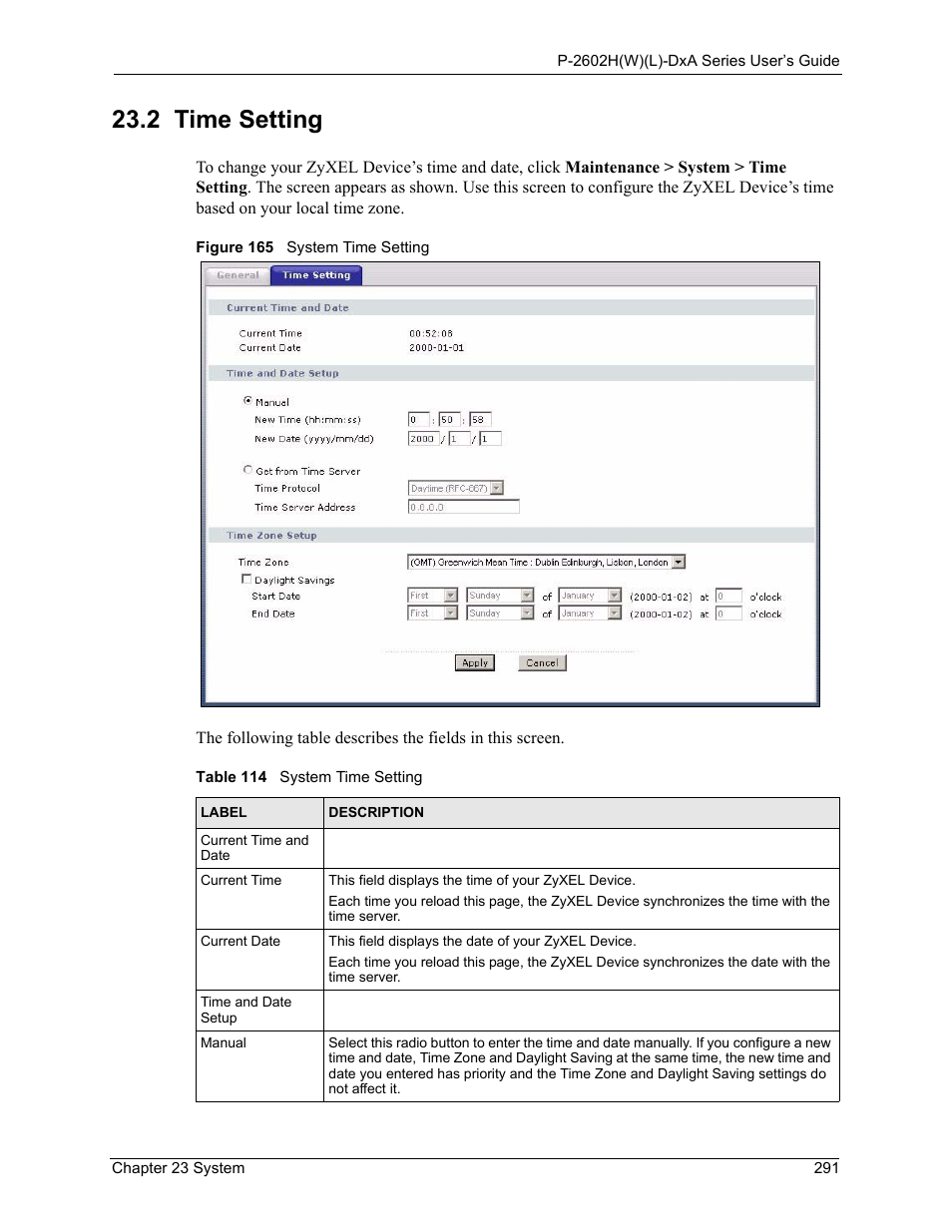 2 time setting, Figure 165 system time setting, Table 114 system time setting | ZyXEL Communications P-2602HW(L) Series User Manual | Page 291 / 427