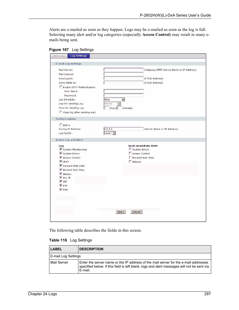 Figure 167 log settings, Table 116 log settings | ZyXEL Communications P-2602HW(L) Series User Manual | Page 297 / 427