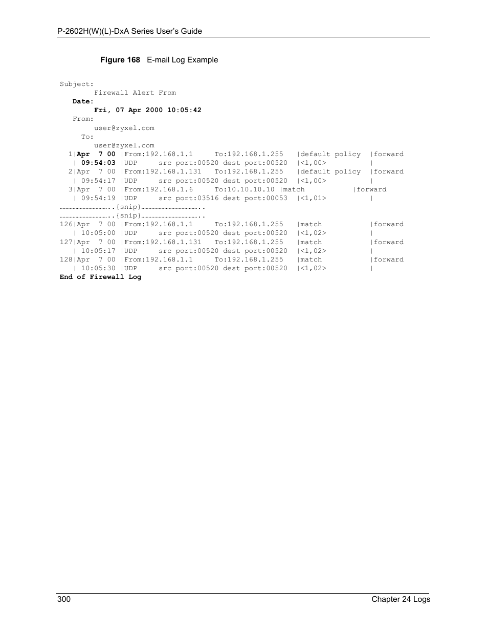 Figure 168 e-mail log example | ZyXEL Communications P-2602HW(L) Series User Manual | Page 300 / 427