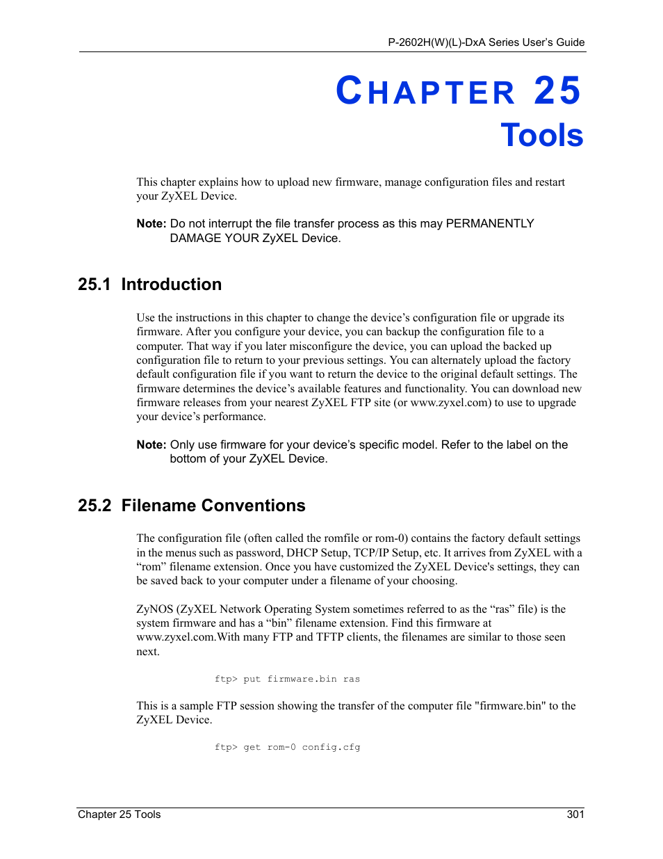 Tools, 1 introduction, 2 filename conventions | Chapter 25 tools, 1 introduction 25.2 filename conventions | ZyXEL Communications P-2602HW(L) Series User Manual | Page 301 / 427