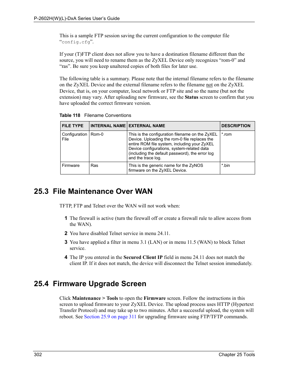 3 file maintenance over wan, 4 firmware upgrade screen, Table 118 filename conventions | ZyXEL Communications P-2602HW(L) Series User Manual | Page 302 / 427