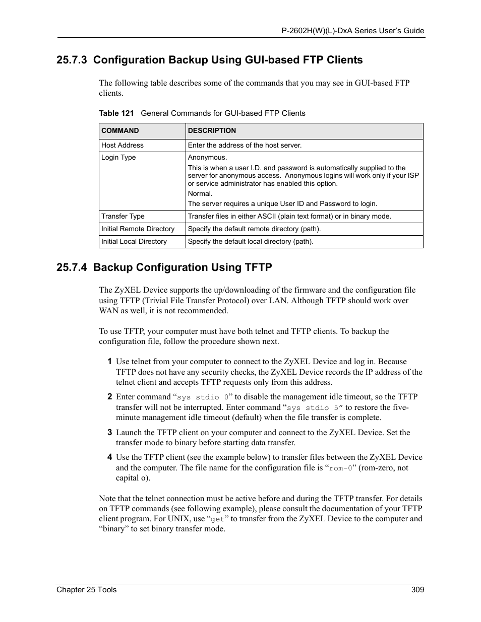 3 configuration backup using gui-based ftp clients, 4 backup configuration using tftp | ZyXEL Communications P-2602HW(L) Series User Manual | Page 309 / 427