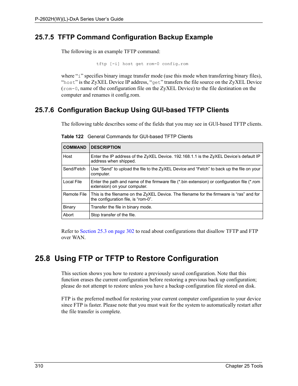 5 tftp command configuration backup example, 8 using ftp or tftp to restore configuration, For transferring configuration files | ZyXEL Communications P-2602HW(L) Series User Manual | Page 310 / 427