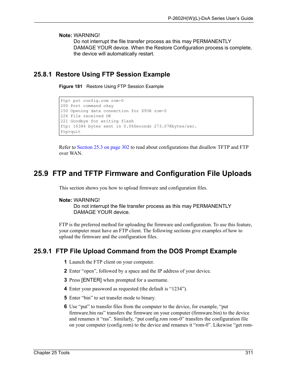 1 restore using ftp session example, Figure 181 restore using ftp session example | ZyXEL Communications P-2602HW(L) Series User Manual | Page 311 / 427