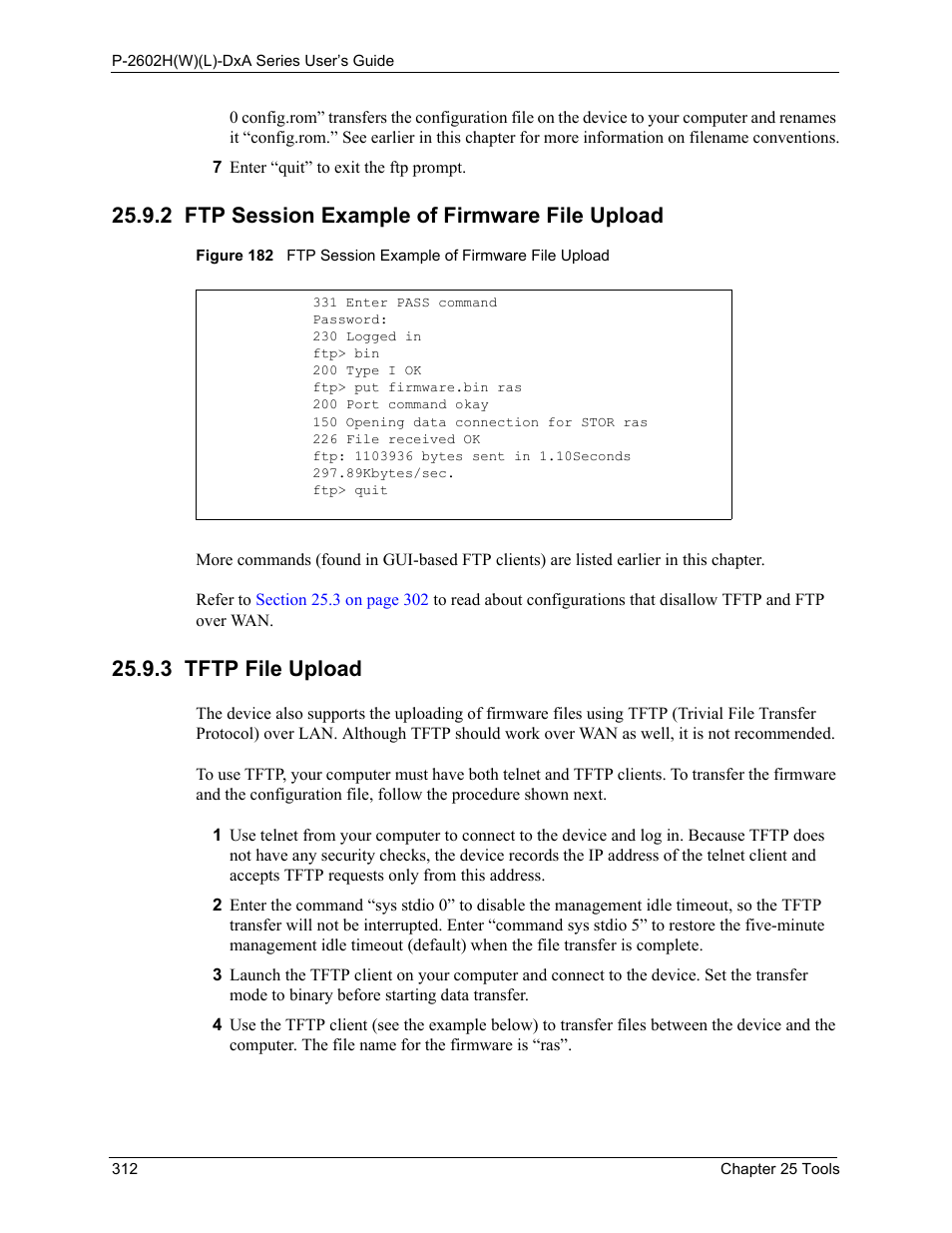 2 ftp session example of firmware file upload, 3 tftp file upload | ZyXEL Communications P-2602HW(L) Series User Manual | Page 312 / 427