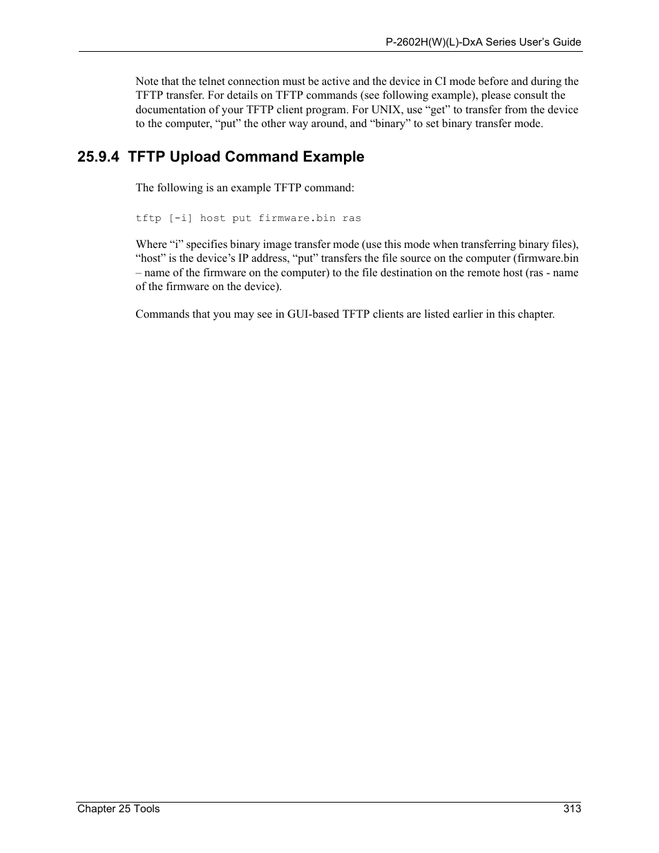 4 tftp upload command example | ZyXEL Communications P-2602HW(L) Series User Manual | Page 313 / 427