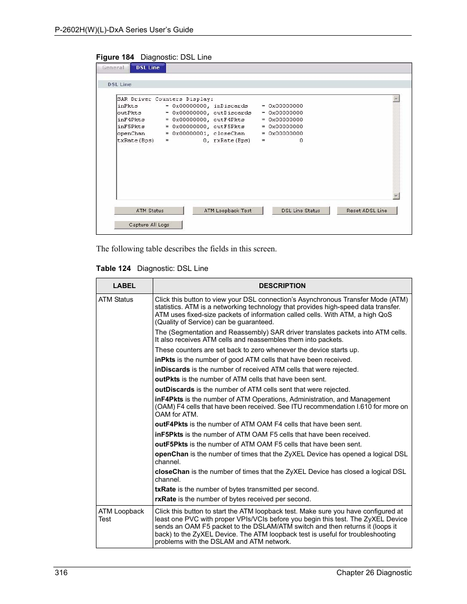 Figure 184 diagnostic: dsl line, Table 124 diagnostic: dsl line | ZyXEL Communications P-2602HW(L) Series User Manual | Page 316 / 427