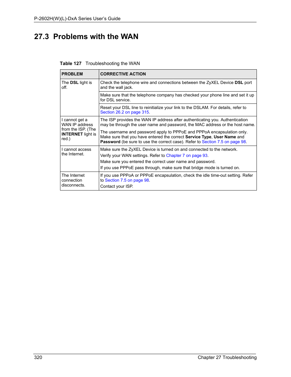 3 problems with the wan, Table 127 troubleshooting the wan | ZyXEL Communications P-2602HW(L) Series User Manual | Page 320 / 427