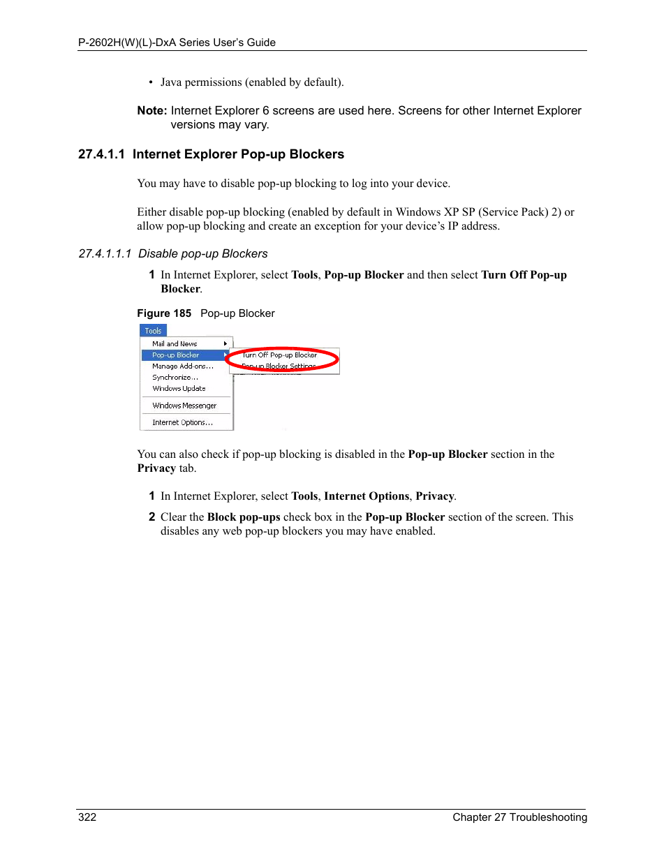 1 internet explorer pop-up blockers, Figure 185 pop-up blocker | ZyXEL Communications P-2602HW(L) Series User Manual | Page 322 / 427