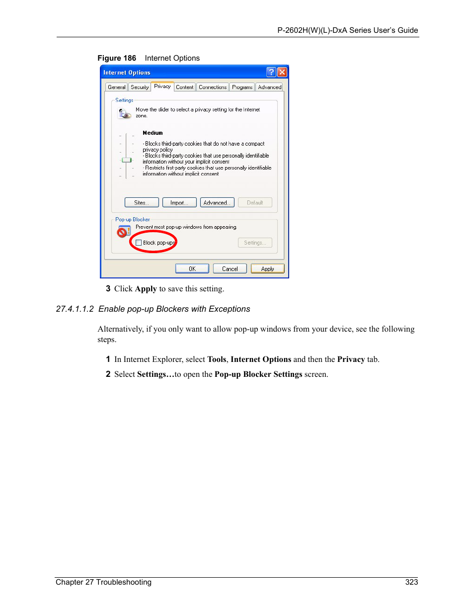 Figure 186 internet options | ZyXEL Communications P-2602HW(L) Series User Manual | Page 323 / 427