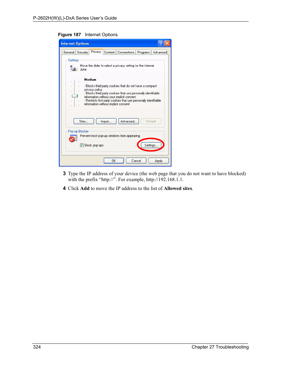Figure 187 internet options | ZyXEL Communications P-2602HW(L) Series User Manual | Page 324 / 427