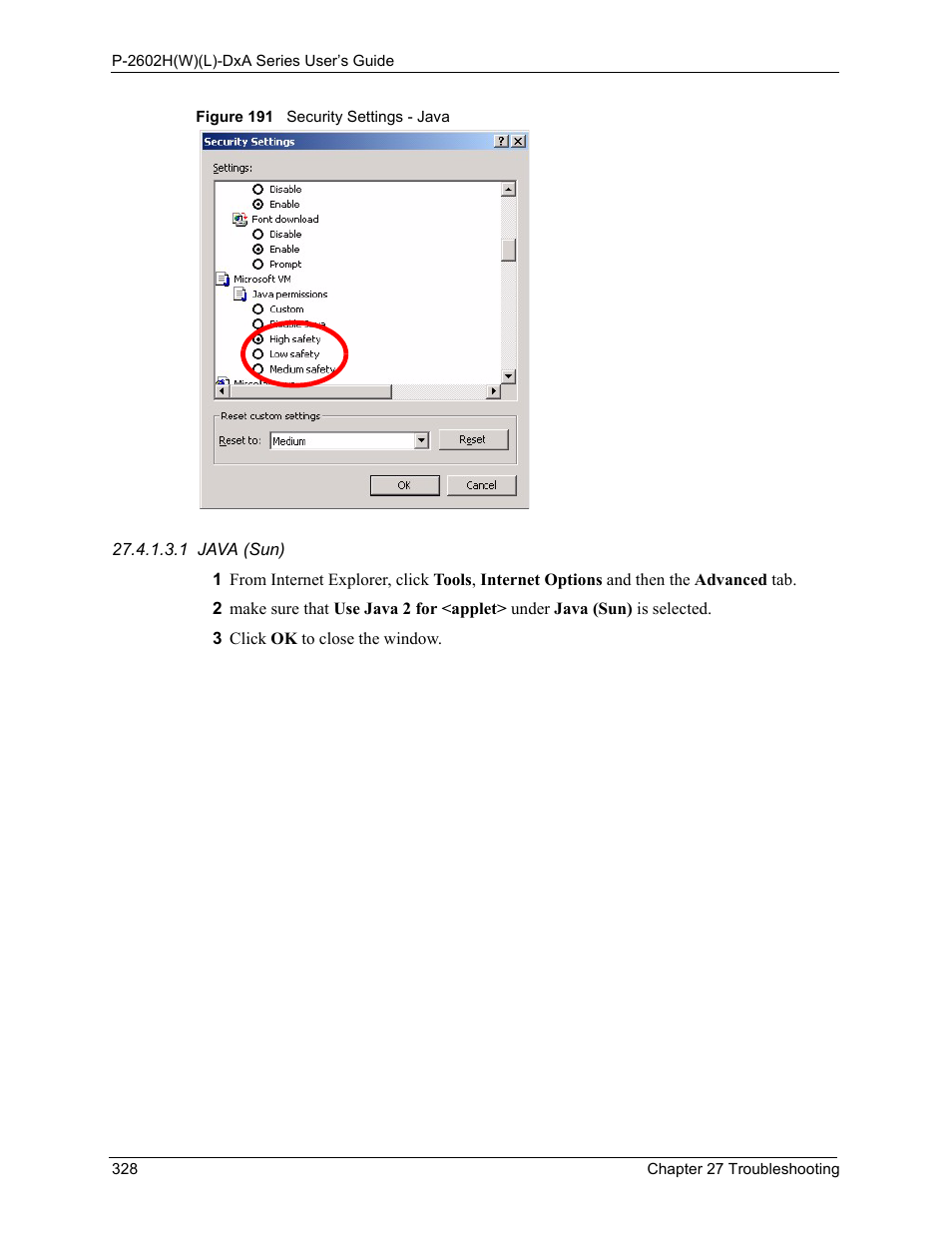 Figure 191 security settings - java | ZyXEL Communications P-2602HW(L) Series User Manual | Page 328 / 427