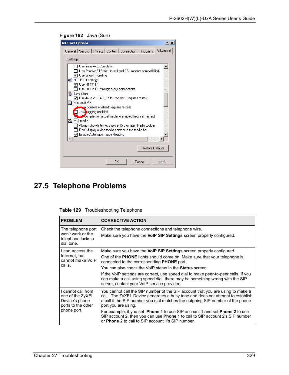 5 telephone problems, Figure 192 java (sun), Table 129 troubleshooting telephone | ZyXEL Communications P-2602HW(L) Series User Manual | Page 329 / 427