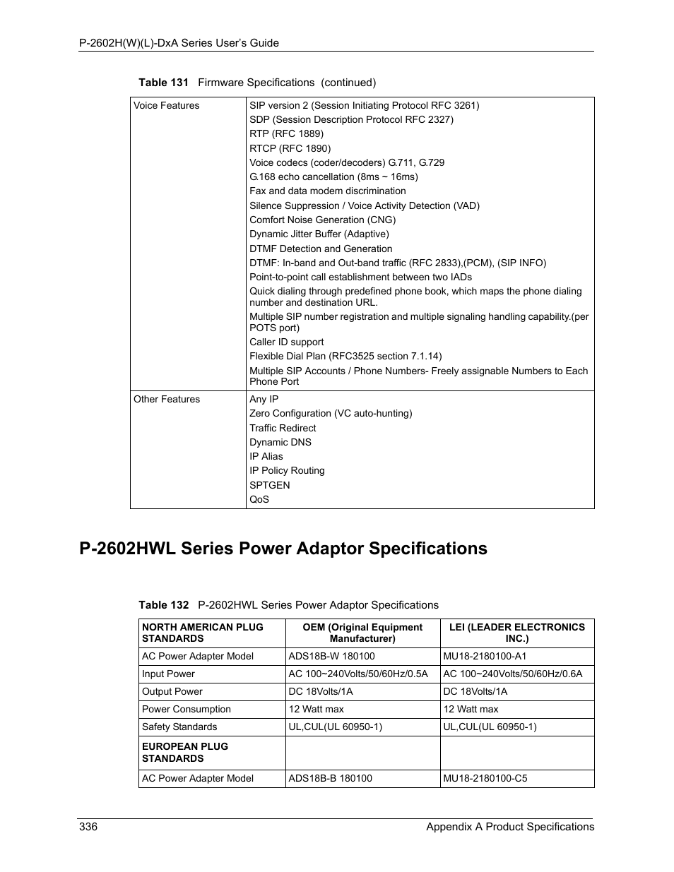 P-2602hwl series power adaptor specifications | ZyXEL Communications P-2602HW(L) Series User Manual | Page 336 / 427