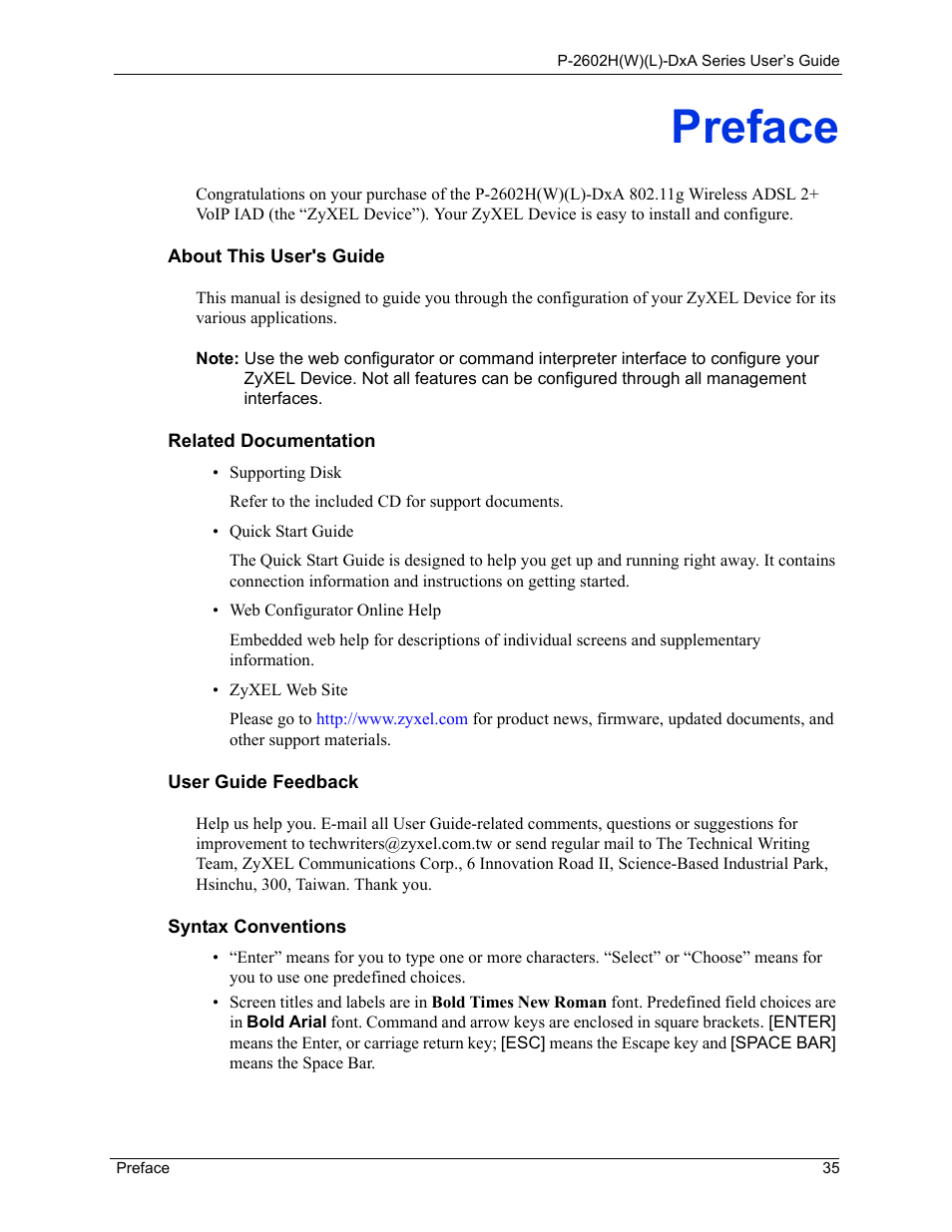 Preface | ZyXEL Communications P-2602HW(L) Series User Manual | Page 35 / 427