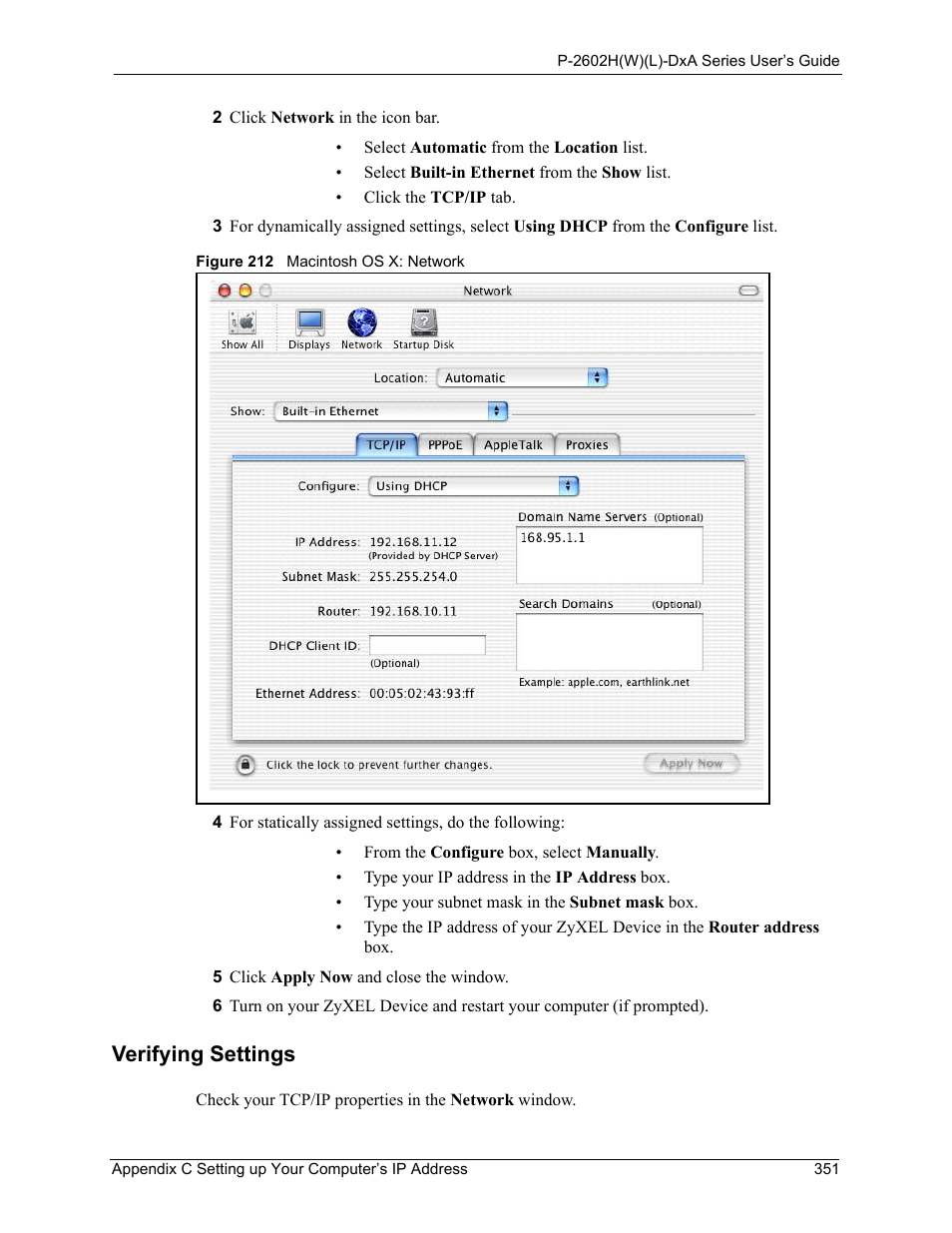 Verifying settings, Figure 212 macintosh os x: network | ZyXEL Communications P-2602HW(L) Series User Manual | Page 351 / 427