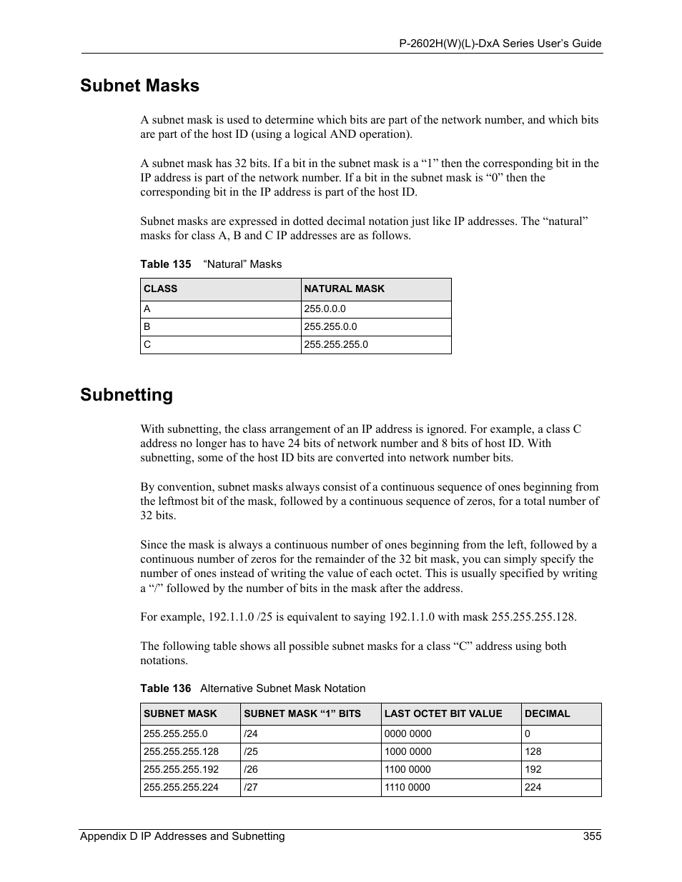 Subnet masks subnetting, Subnet masks, Subnetting | ZyXEL Communications P-2602HW(L) Series User Manual | Page 355 / 427