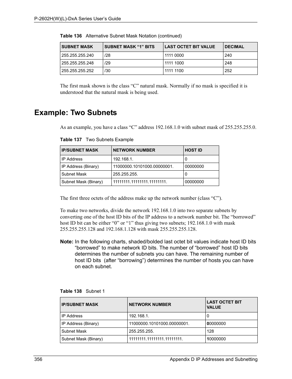 Example: two subnets, Table 137 two subnets example table 138 subnet 1 | ZyXEL Communications P-2602HW(L) Series User Manual | Page 356 / 427