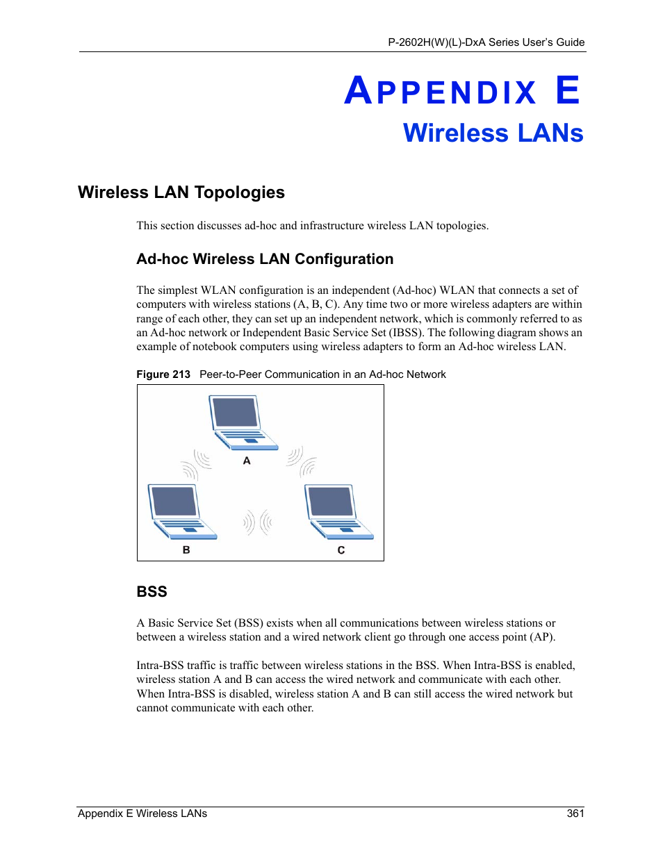 Wireless lans, Appendix e wireless lans, Wireless lan topologies | Ad-hoc wireless lan configuration bss | ZyXEL Communications P-2602HW(L) Series User Manual | Page 361 / 427