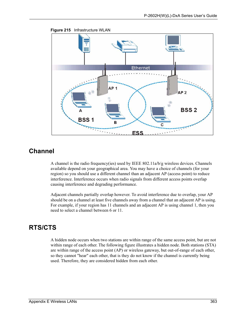 Channel rts/cts, Figure 215 infrastructure wlan, Channel | Rts/cts | ZyXEL Communications P-2602HW(L) Series User Manual | Page 363 / 427