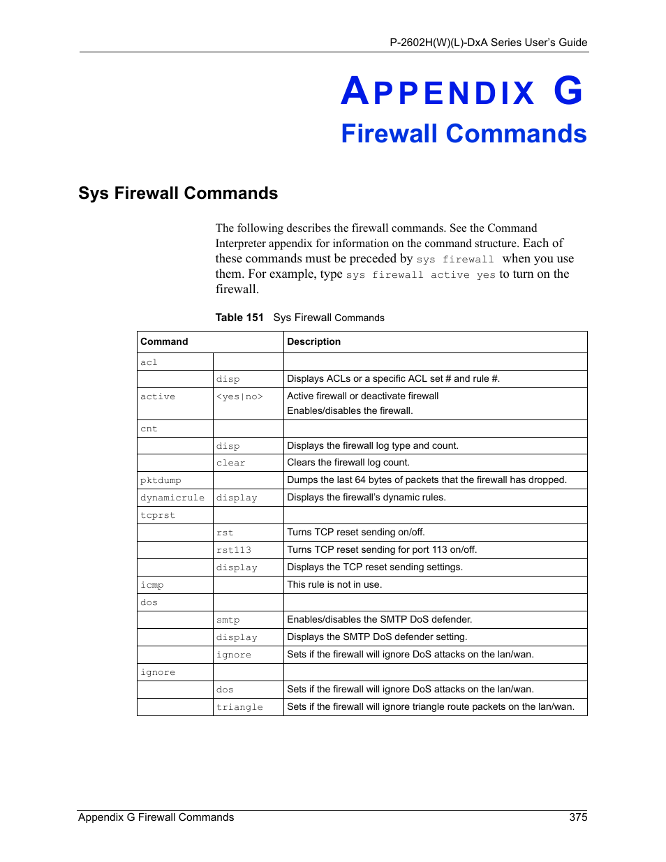 Firewall commands, Appendix g firewall commands, Sys firewall commands | Table 151 sys firewall commands | ZyXEL Communications P-2602HW(L) Series User Manual | Page 375 / 427