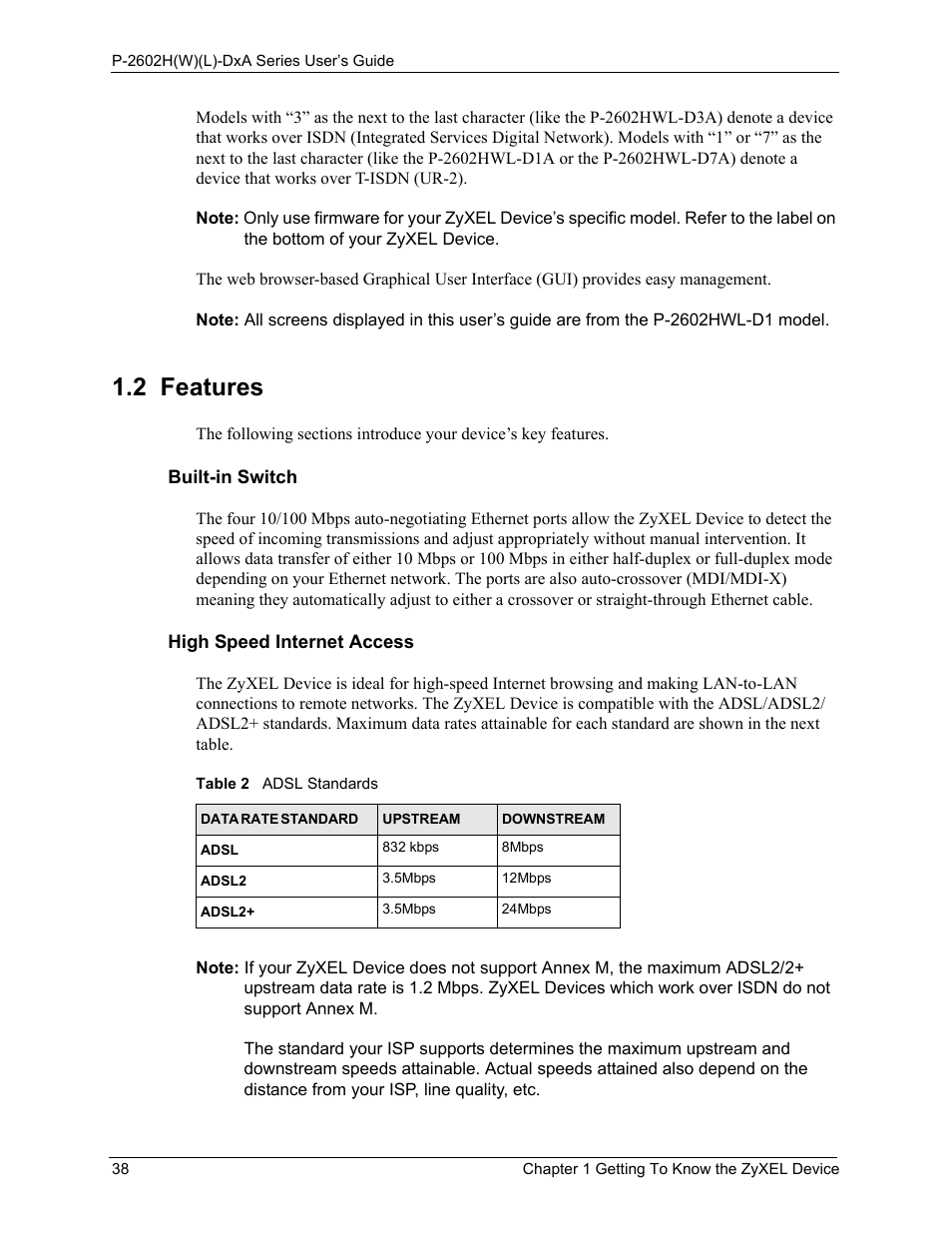 2 features, Table 2 adsl standards | ZyXEL Communications P-2602HW(L) Series User Manual | Page 38 / 427