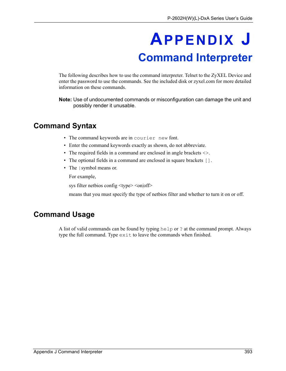Command interpreter, Appendix j command interpreter, Command syntax command usage | ZyXEL Communications P-2602HW(L) Series User Manual | Page 393 / 427