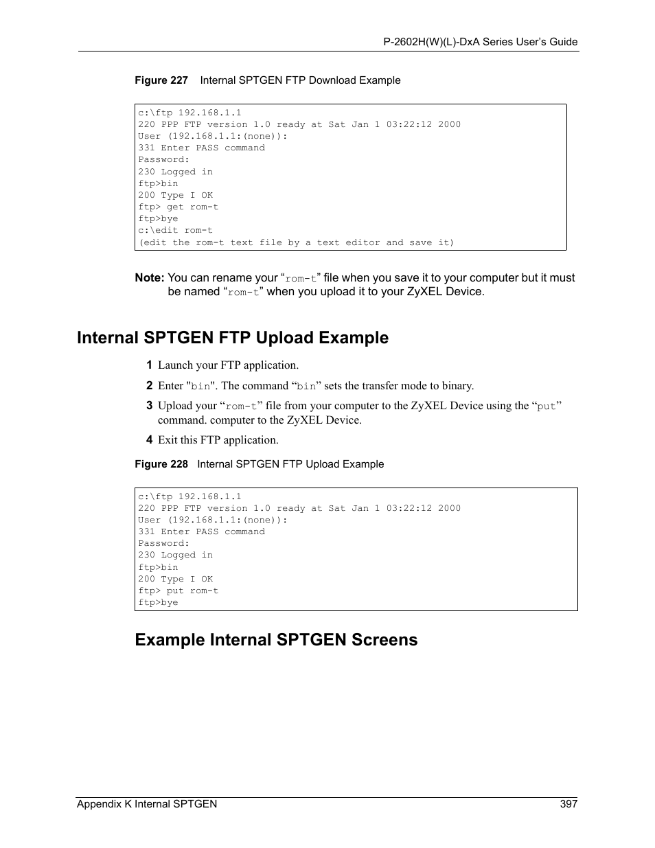 Internal sptgen ftp upload example, Example internal sptgen screens | ZyXEL Communications P-2602HW(L) Series User Manual | Page 397 / 427