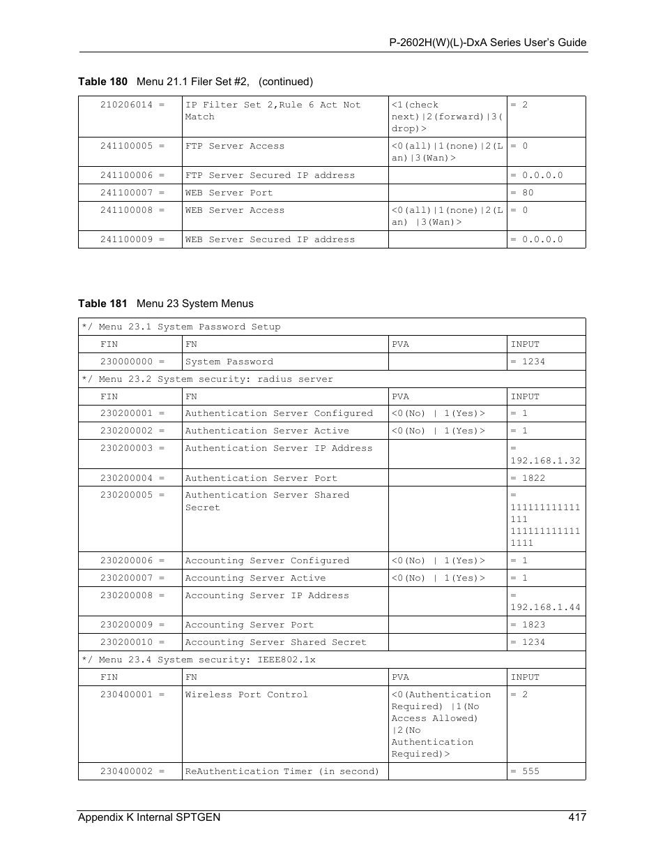 Table 181 menu 23 system menus | ZyXEL Communications P-2602HW(L) Series User Manual | Page 417 / 427