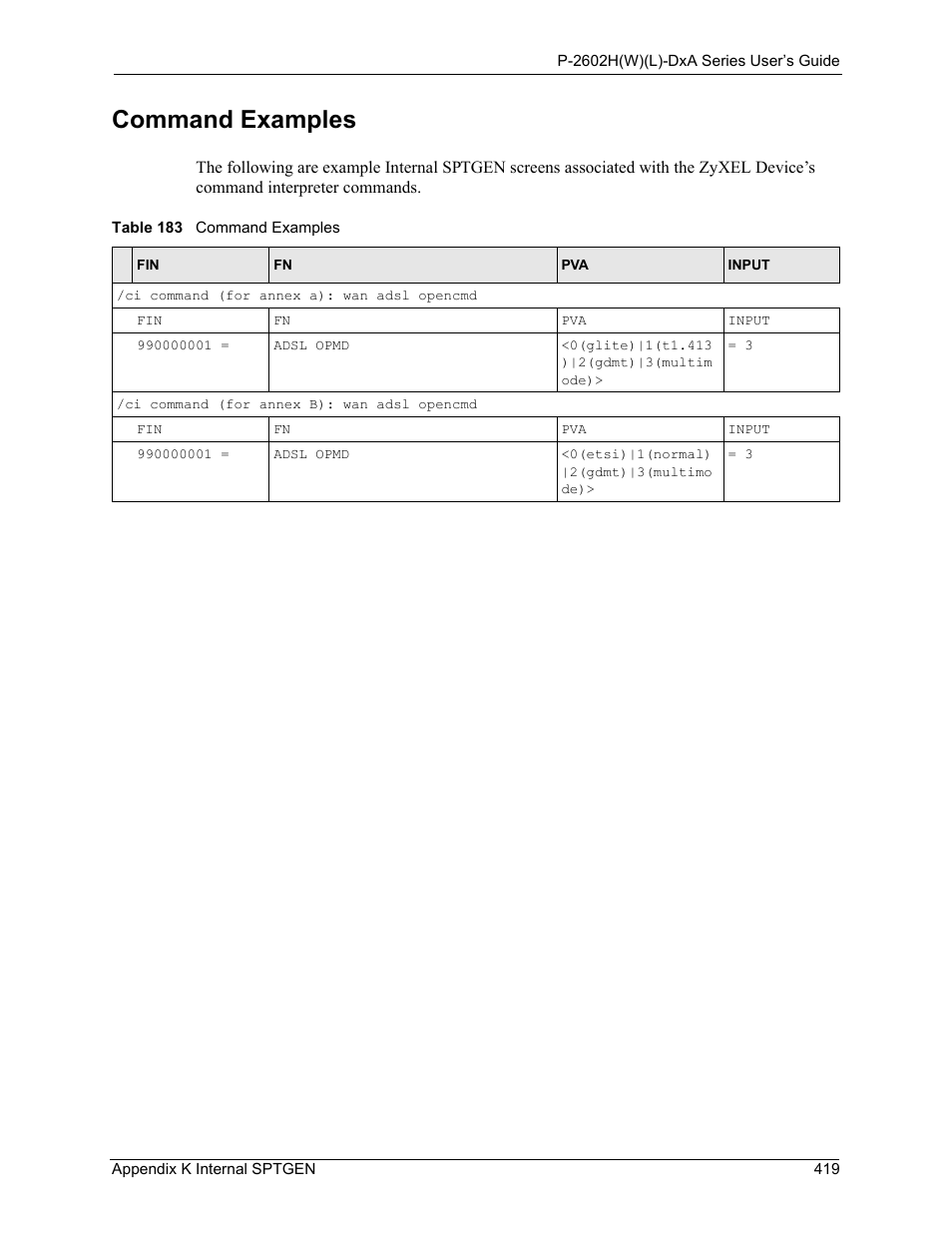 Command examples, Table 183 command examples | ZyXEL Communications P-2602HW(L) Series User Manual | Page 419 / 427